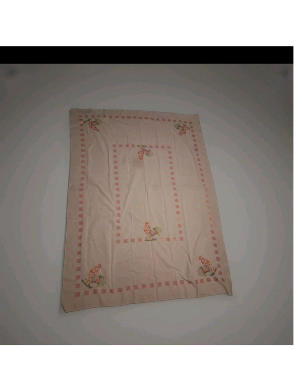 Vintage Tablecloth White Pink Rooster Print Table Linen